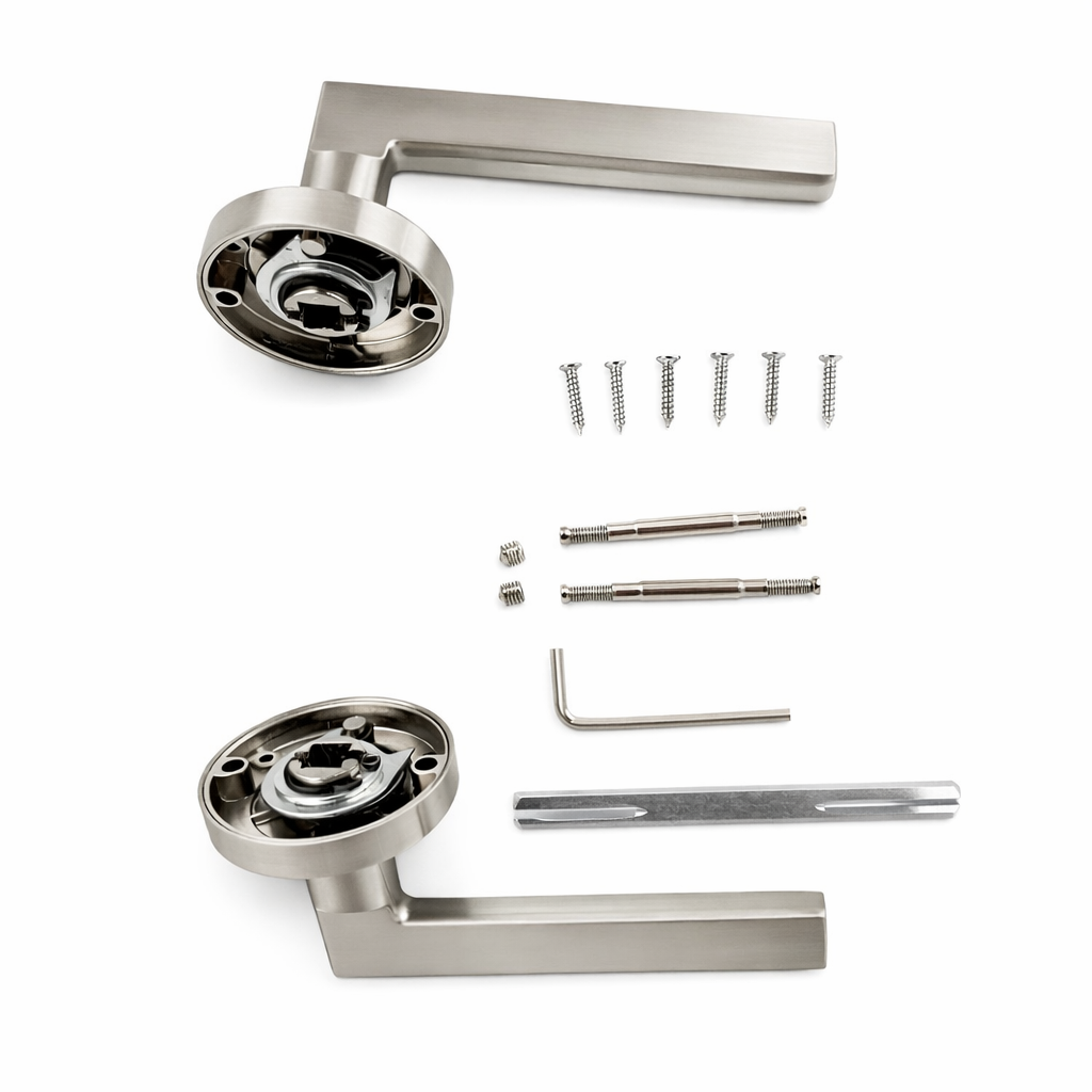 Türklinke Rental '530A' mit runder Rosette aus Aluminium für Türen, satiniertes Nickel-Finish