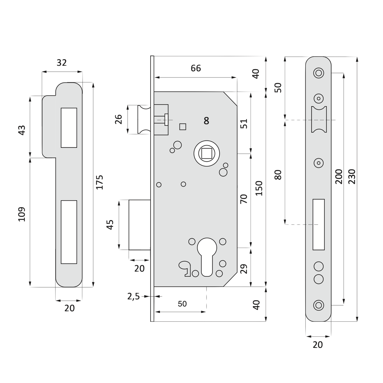 Einsteckschloss 70 mm Achsabstand und 50 mm Dornmaß, gerader Stulp, satiniertes Nickel