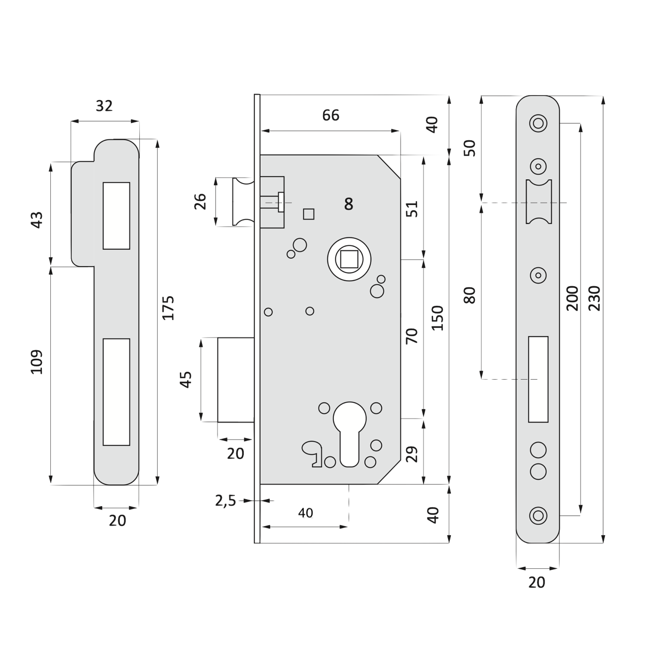 Einsteckschloss 70 mm Dornmaß und 40 mm Entfernung bis Zylinder, gerader Stulp, satiniertes Nickel