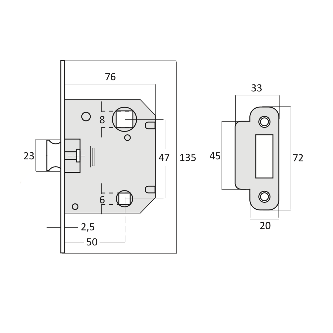 Reversible Einsteckfalle, 47mm Dornmaß, glänzend goldfarben, abgerundete Stulp