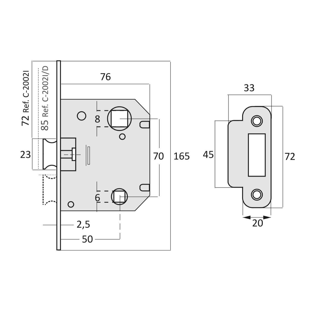 Einsteckfalle mittig mit Verriegelung 70mm, satiniertes Nickel, abgerundete Kante