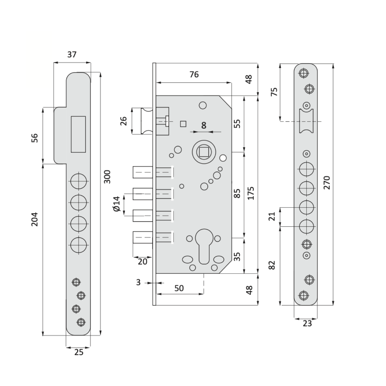 Einsteck-Sicherheitsschloss 50mm mit gerader Stulp und 4 Stahlriegeln, satiniertem Nickel-Finish