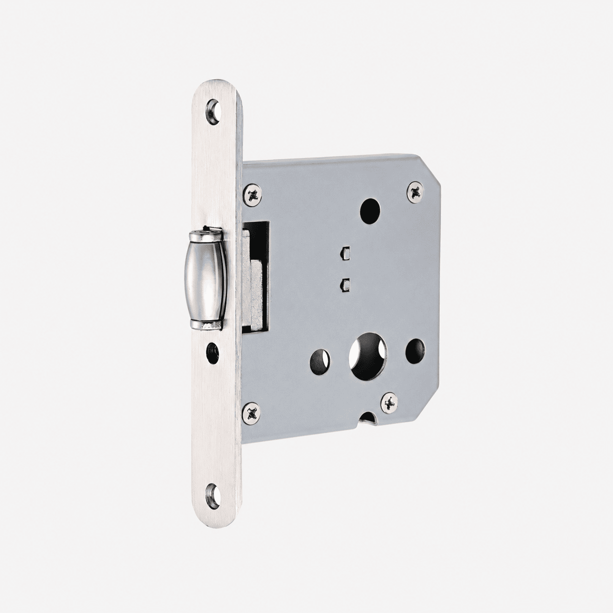 Einsteck-Rollschnapper mit runder Stulp in Nickel-Finish, Dornmaß 55mm