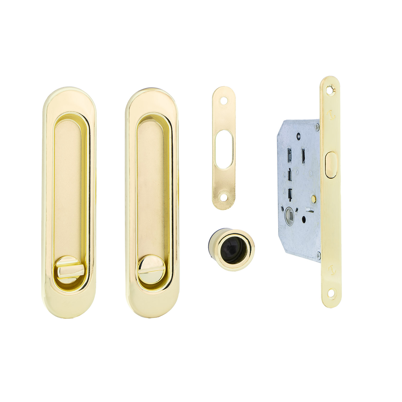 Schiebetür-Set mit Einsteckschloss, Verriegelung und ovalen Muschelgriffen in glänzendem Gold