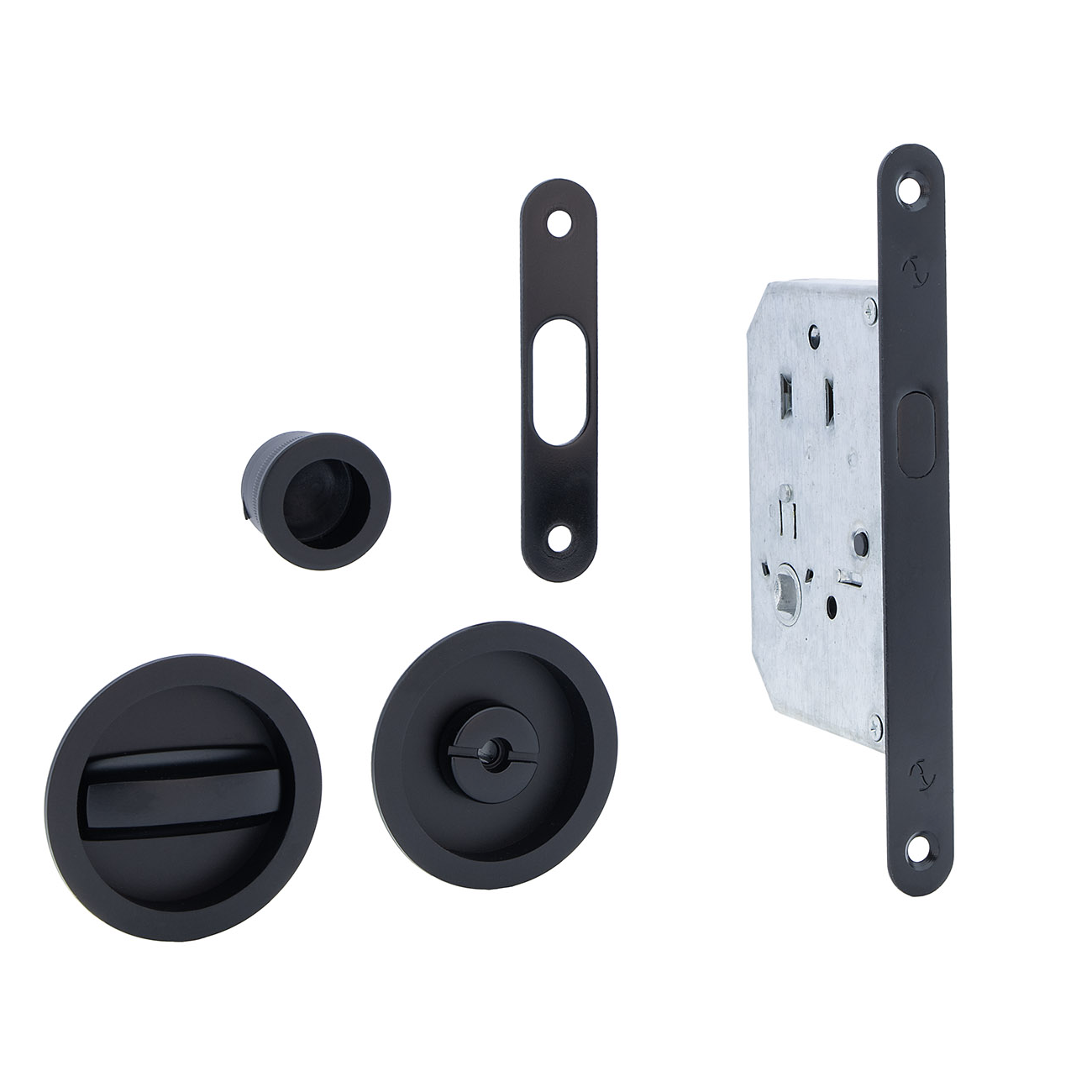 Schiebetür-Set mit Einsteckschloss, Verriegelung und runden Griffmuscheln in Schwarz