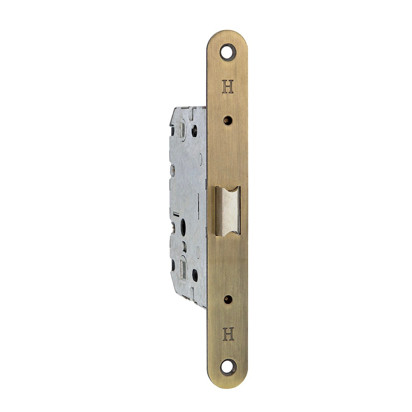 Einsteckschloss mit Verriegelung, 70 mm Dornmaß, Leder-Finish, abgerundete Stulp