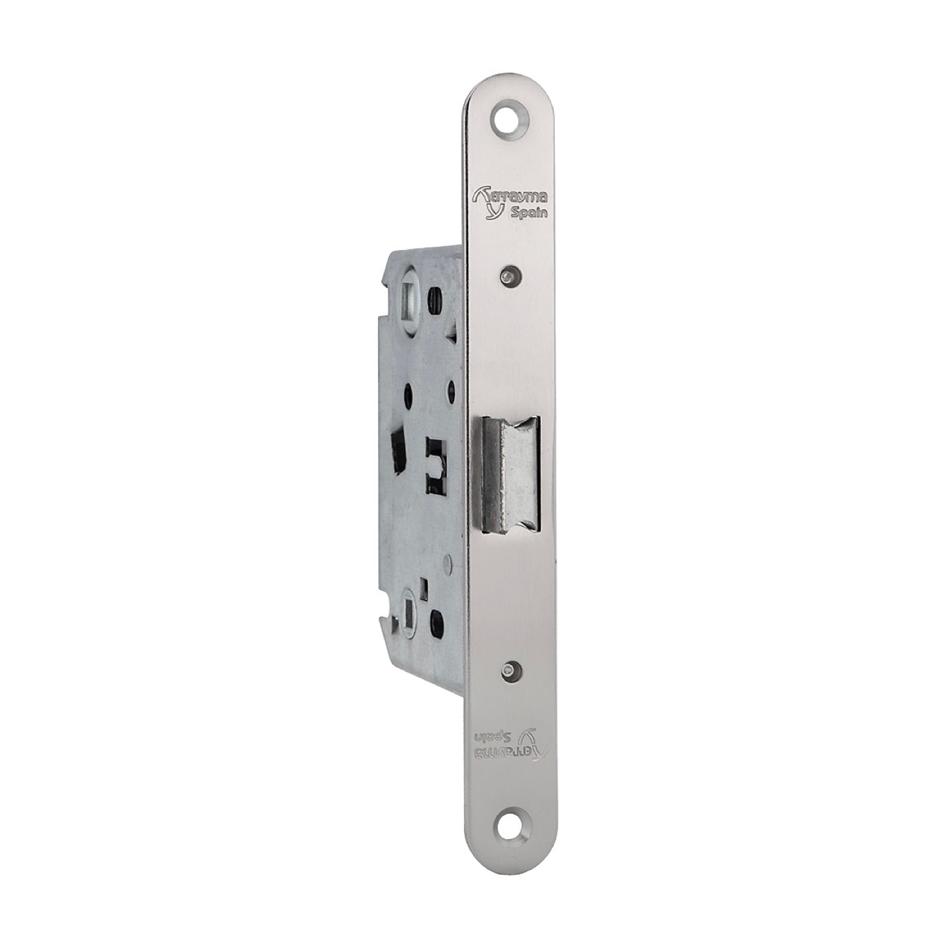 Einsteckfalle mittig mit Verriegelung 70mm, satiniertes Nickel, abgerundete Kante
