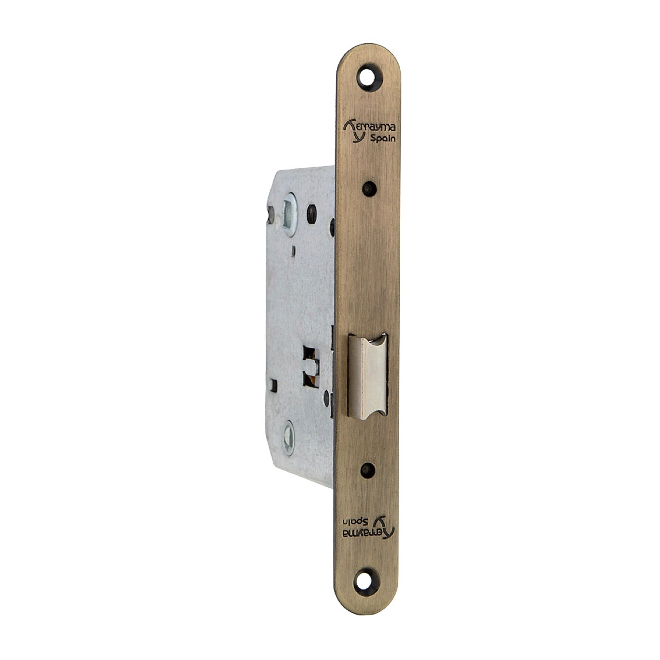 Einsteckschloss mit Verriegelung, 70 mm Dornmaß, Leder-Finish, abgerundete Stulp