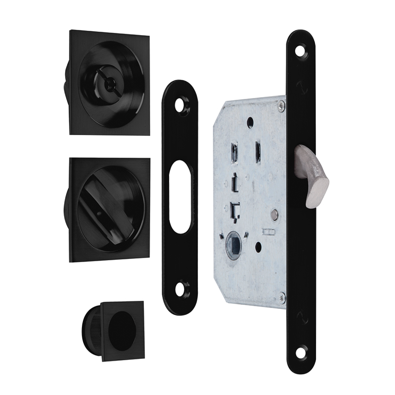 Schiebetür-Set mit Verriegelung und quadratischem Muschelgriff in Schwarz