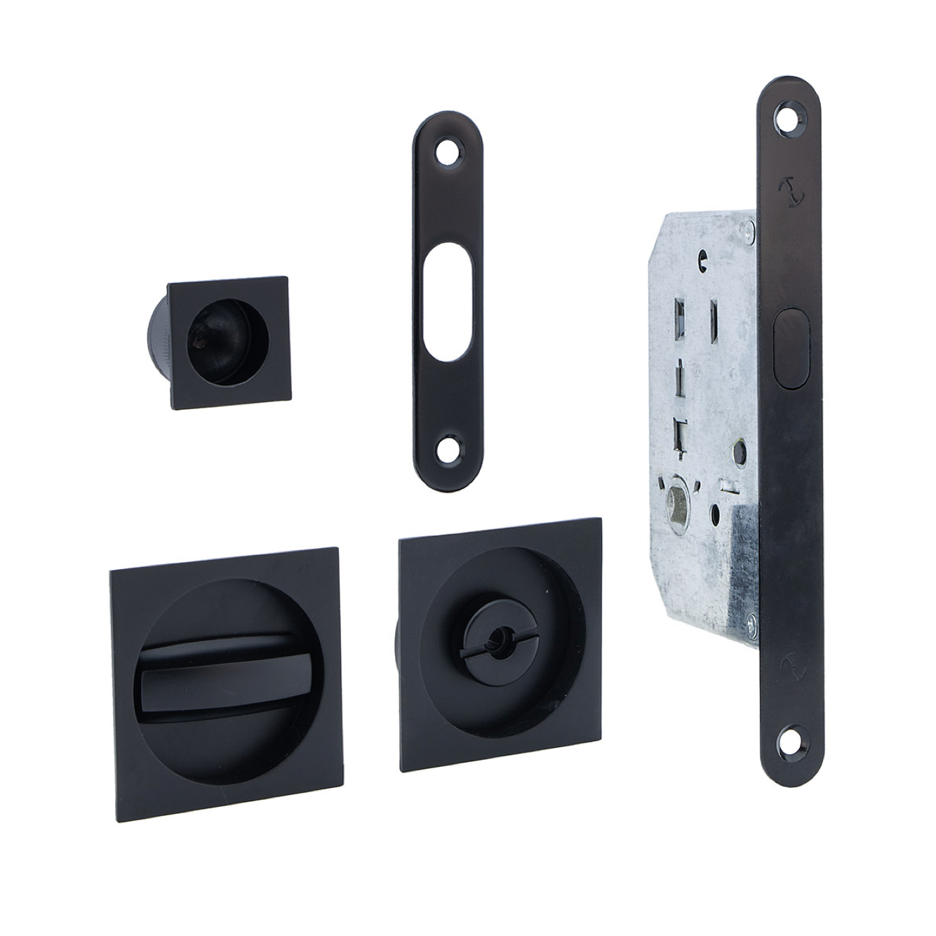 Schiebetür-Set mit Verriegelung und quadratischem Muschelgriff in Schwarz