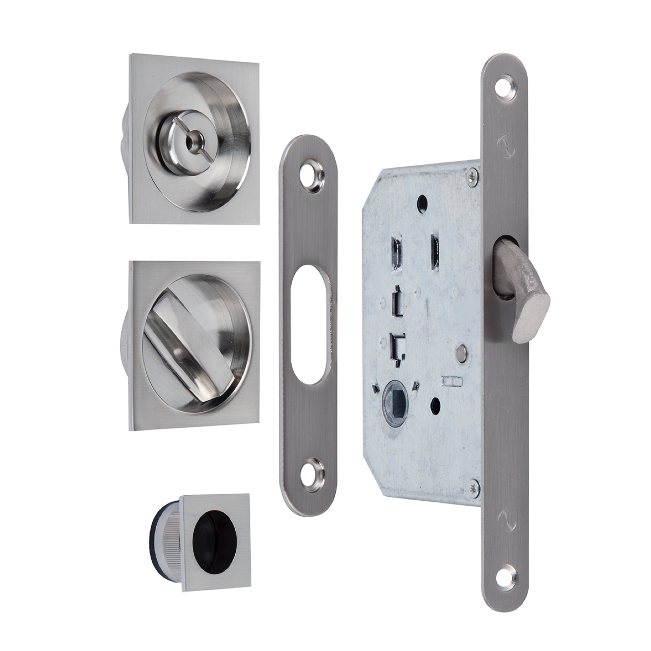 Schiebetür-Set mit Verriegelung und quadratischem Muschelgriff in satiniertem Nickel