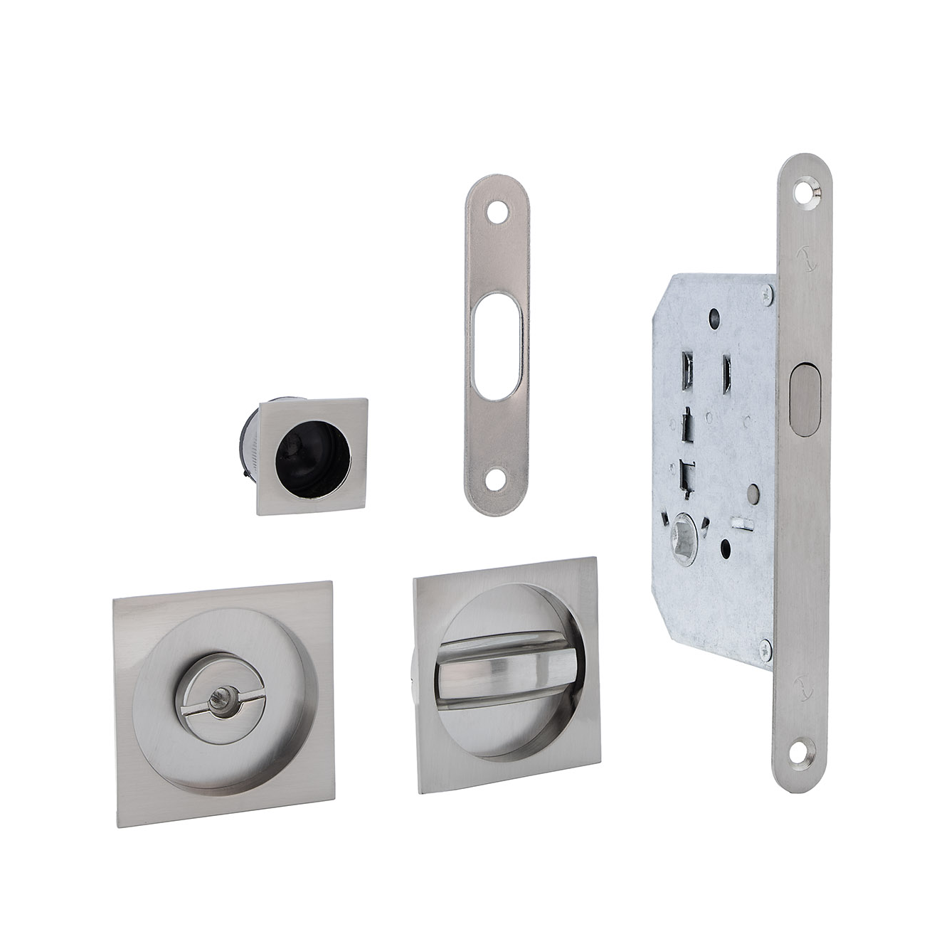 Schiebetür-Set mit Verriegelung und quadratischem Muschelgriff in satiniertem Nickel