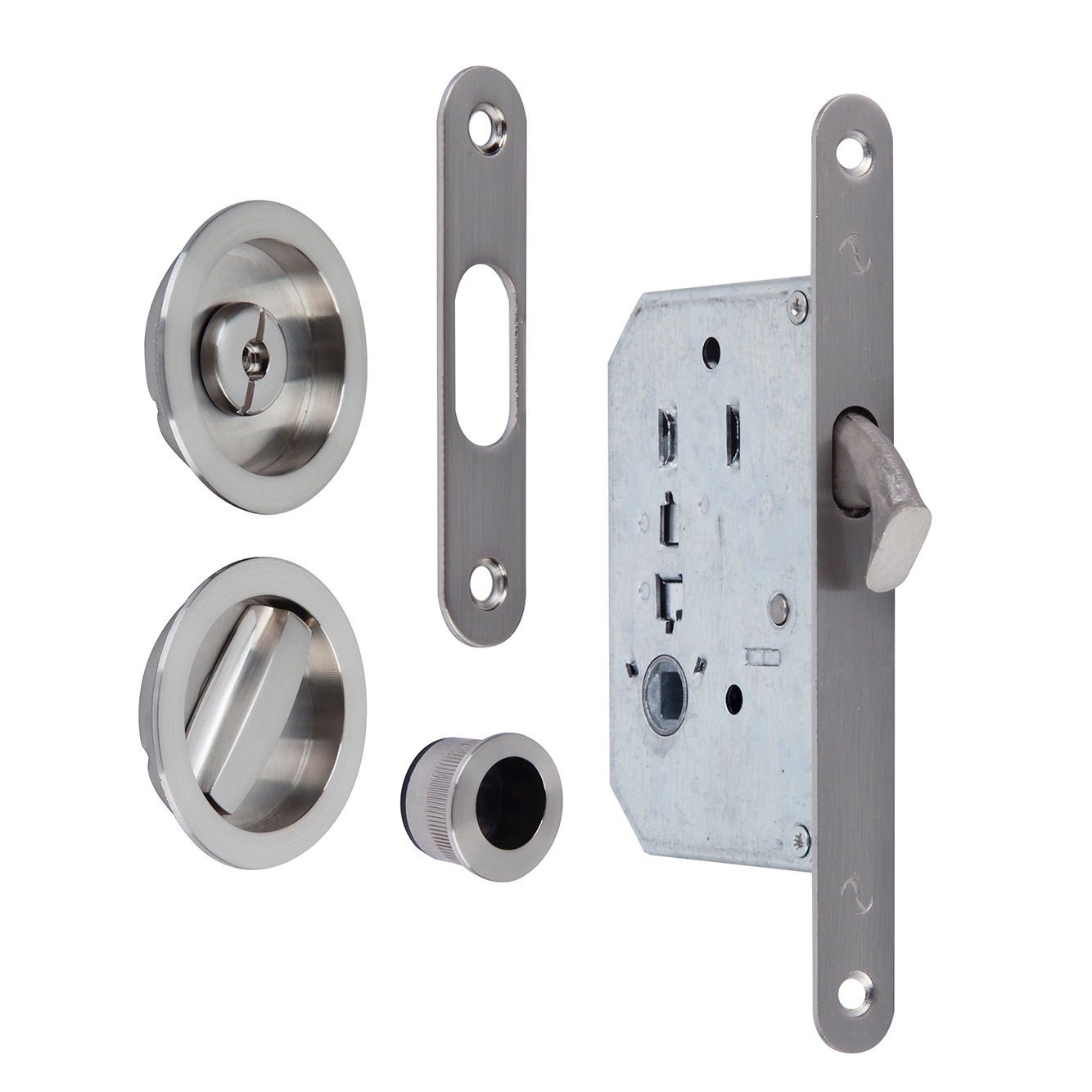 Schiebetür-Set mit Einsteckschloss, Verriegelung und runden Muschelgriffen in satiniertem Nickel