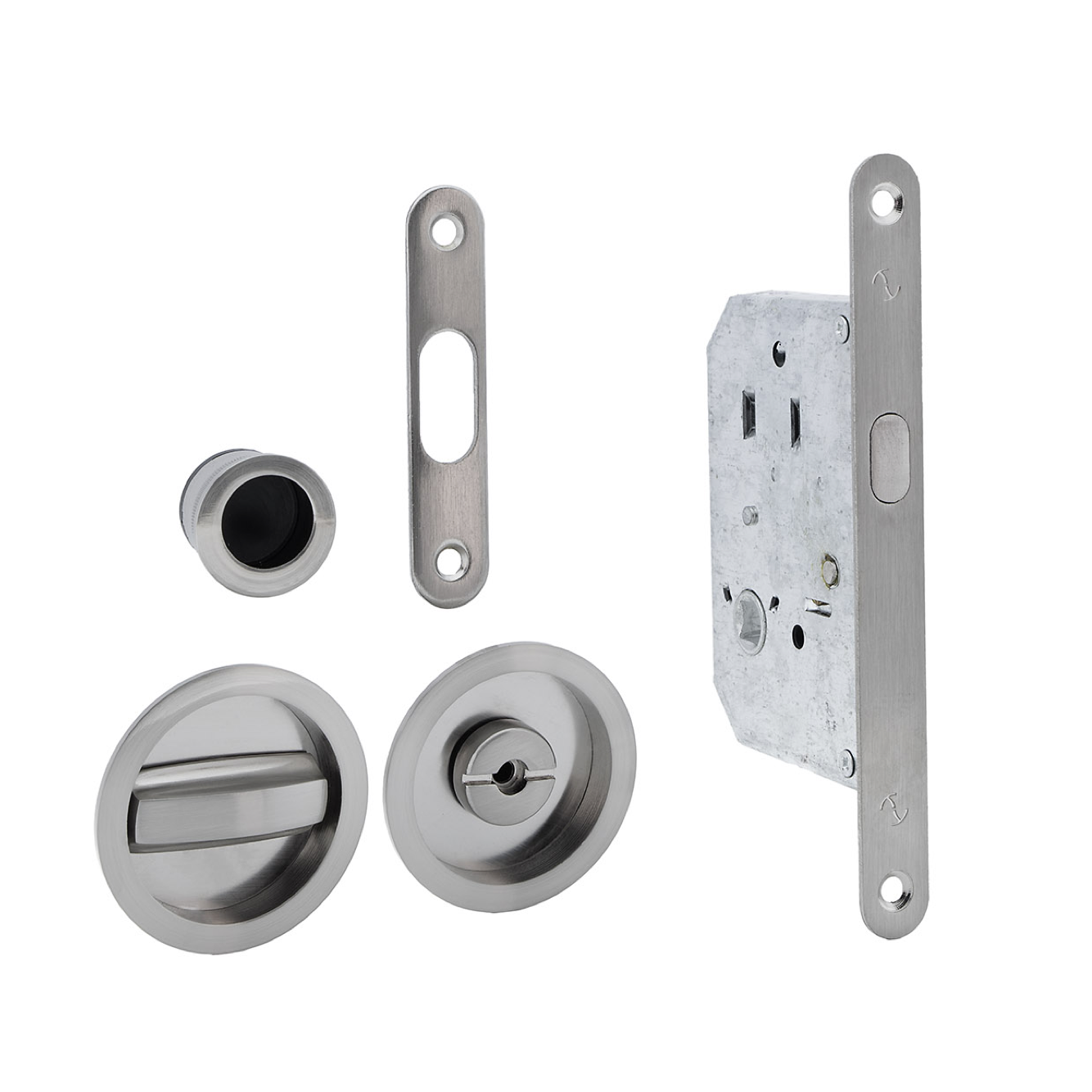 Schiebetür-Set mit Einsteckschloss, Verriegelung und runden Muschelgriffen in satiniertem Nickel