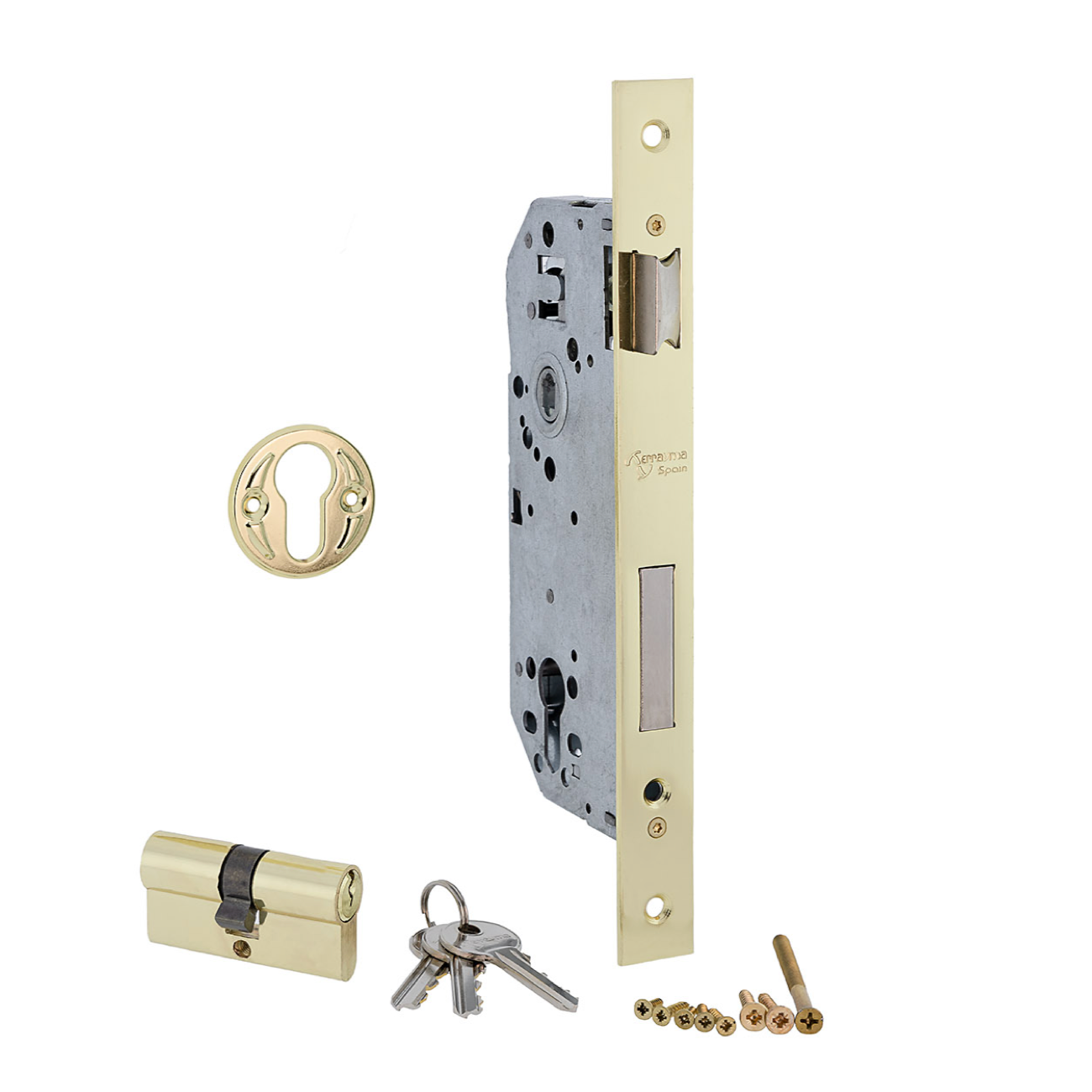 Einsteckschloss 50mm für Profilzylinder mit gerader Stulp und 85mm Dornmaß in glänzendem Gold