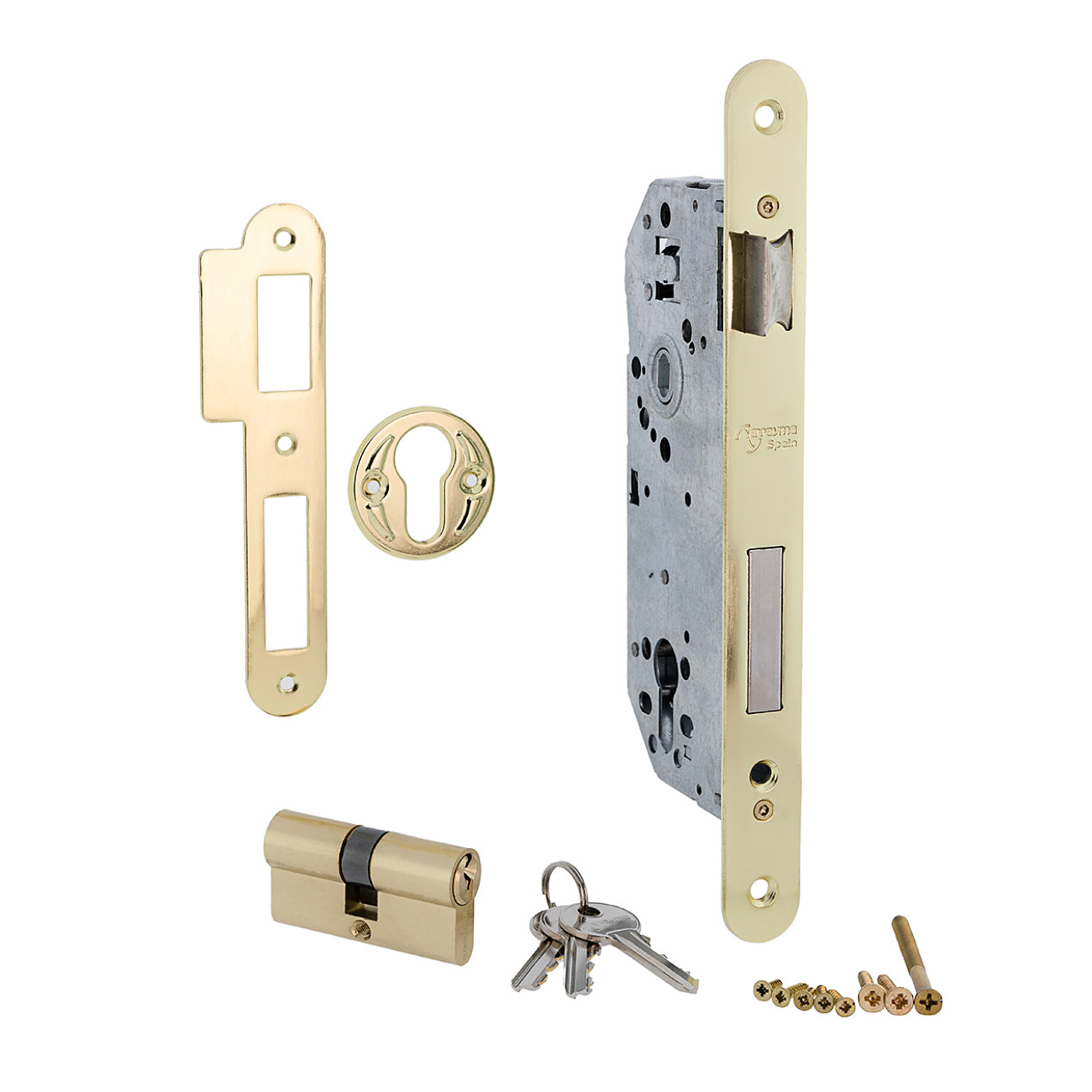 Einsteckschloss 50mm für Euro-Schließzylinder, abgerundete Stulp, 85mm Dornmaß, goldfarben
