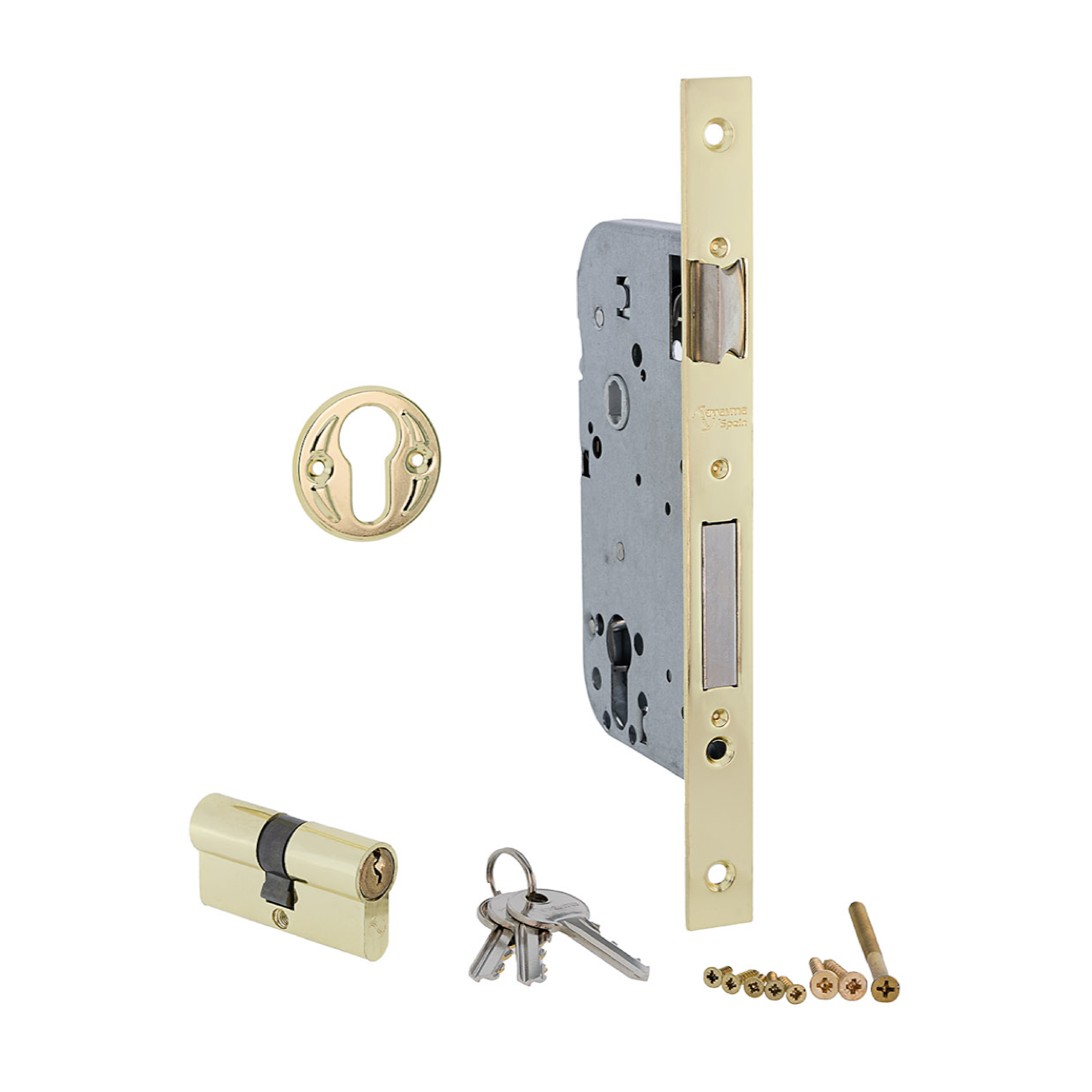 Einsteckschloss 70 mm Dornmaß und 40 mm Entfernung zum Zylinder, gerader Stulp, glänzend gold