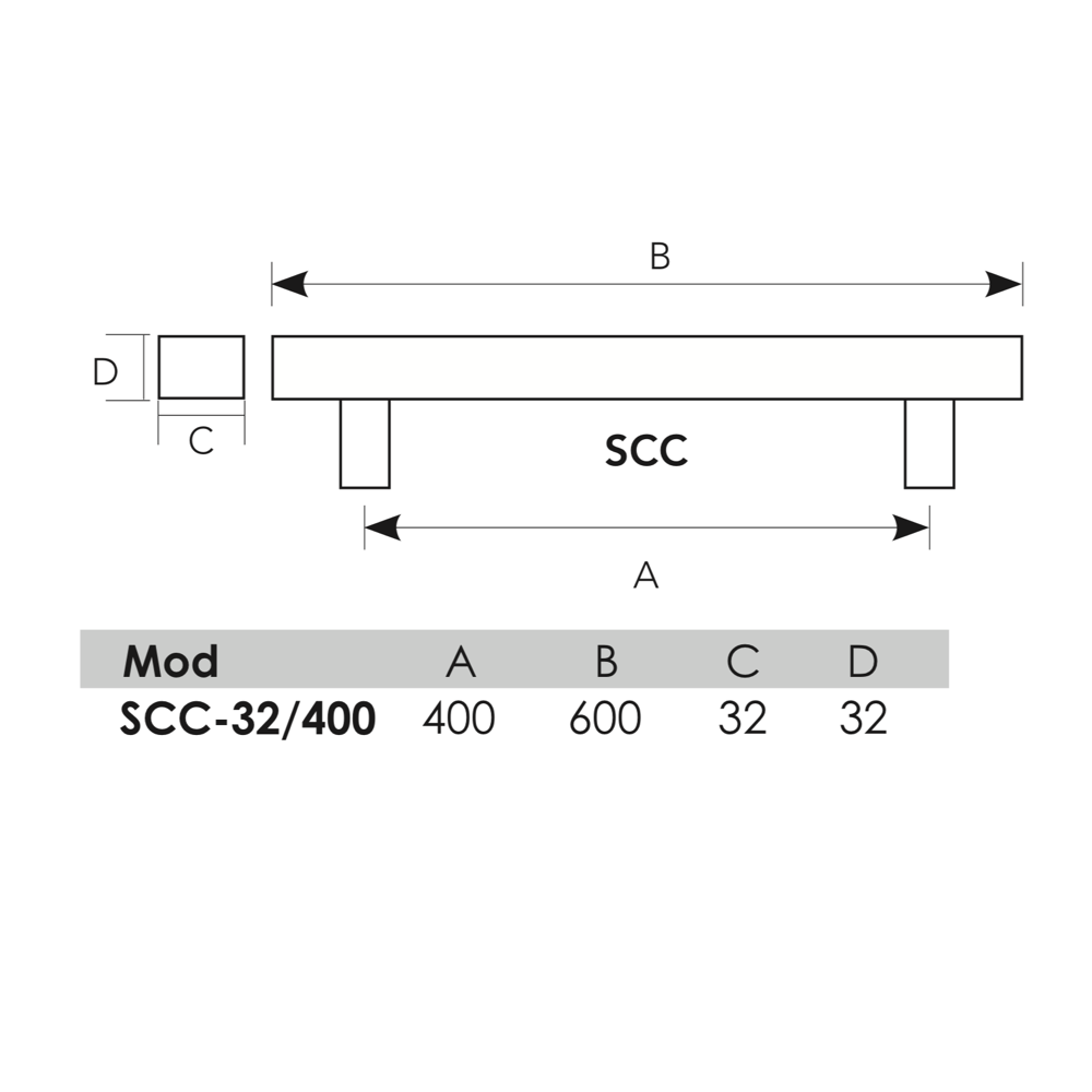 Quadratischer Stoßgriff aus Edelstahl, 400mm Achsabstand und 32mm Stärke für Holz und Glas