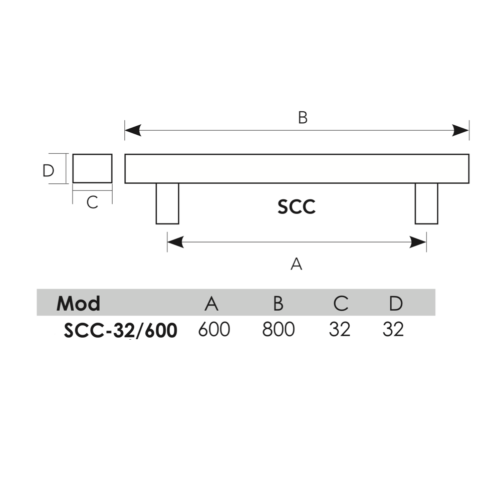 Quadratischer Stoßgriff aus Edelstahl, 600mm Achsabstand und 32mm Stärke für Holz und Glas
