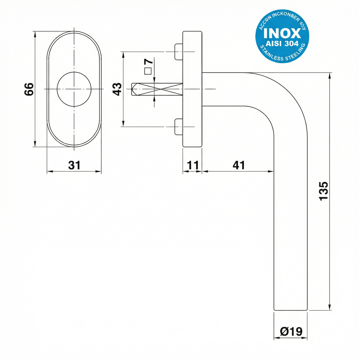 Gebogener Fenstergriff aus Edelstahl mit 3 Positionen und ovaler Rosette, ideal für Fenster