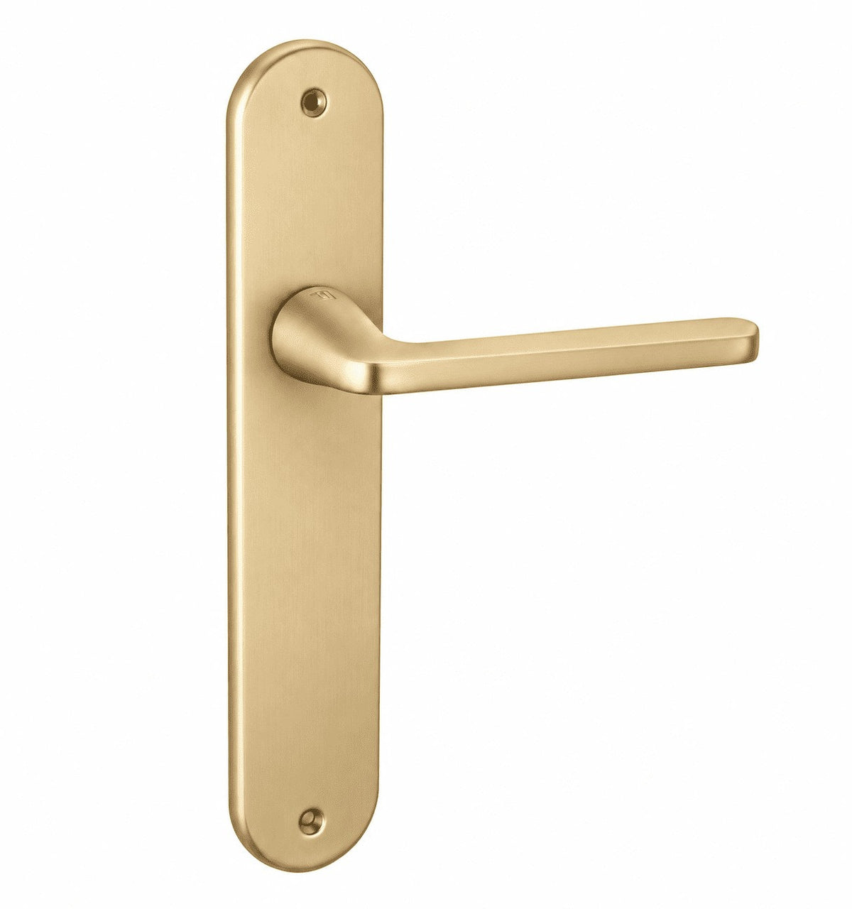 Manilla con placa ovalada de aluminio en acabado latonado mate para puertas de interior.