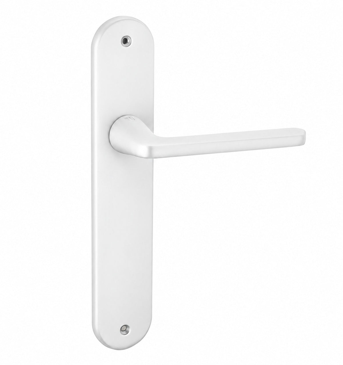 Manilla con placa ovalada de aluminio en acabado blanco para puertas de interior.