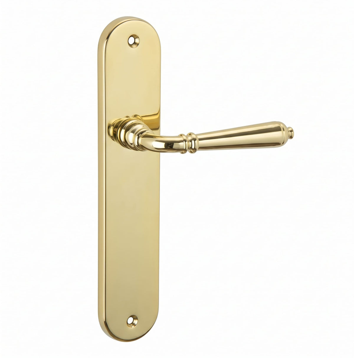 Manilla con placa ovalada de aluminio latonado brillo con tirador curvo clásico y orificios para tornillos.