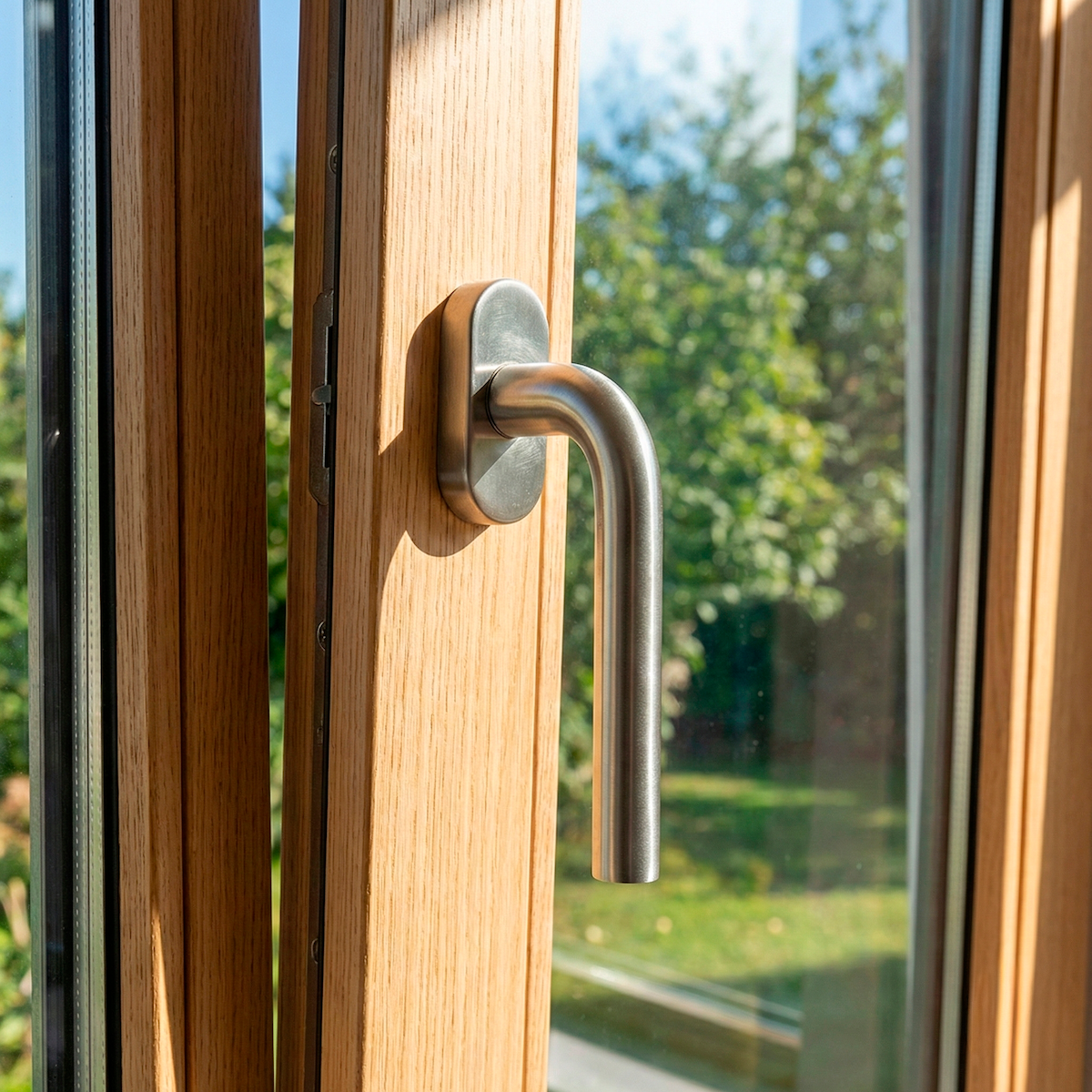 Gebogener Fenstergriff aus Edelstahl mit 3 Positionen und ovaler Rosette, ideal für Fenster